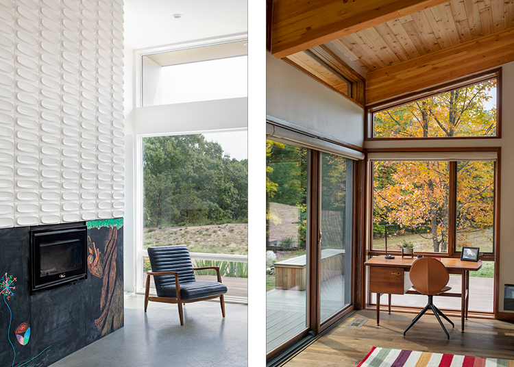 Home Trends We're Seeing in 2022: Left photo shows chalkboard fireplace looking out to deck. Right photo shows office nook with floor to ceiling windows overlooking fall foliage.