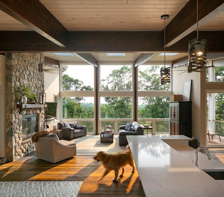 Home Trends We're Seeing in 2022: Floor to ceiling windows in post and beam great room. Golden retriever blurred by motion runs across the floor.